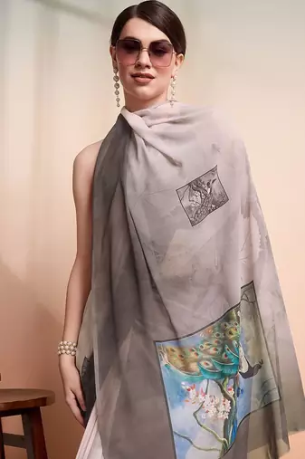 Grey printed pure georgette casual saree with blouse piece