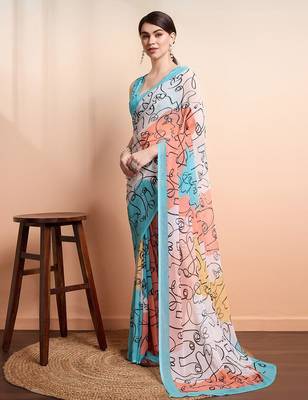 White printed pure georgette casual saree with blouse piece 1