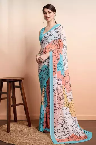 White printed pure georgette casual saree with blouse piece