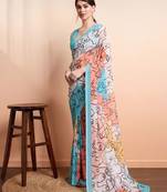 White printed pure georgette casual saree with blouse piece
