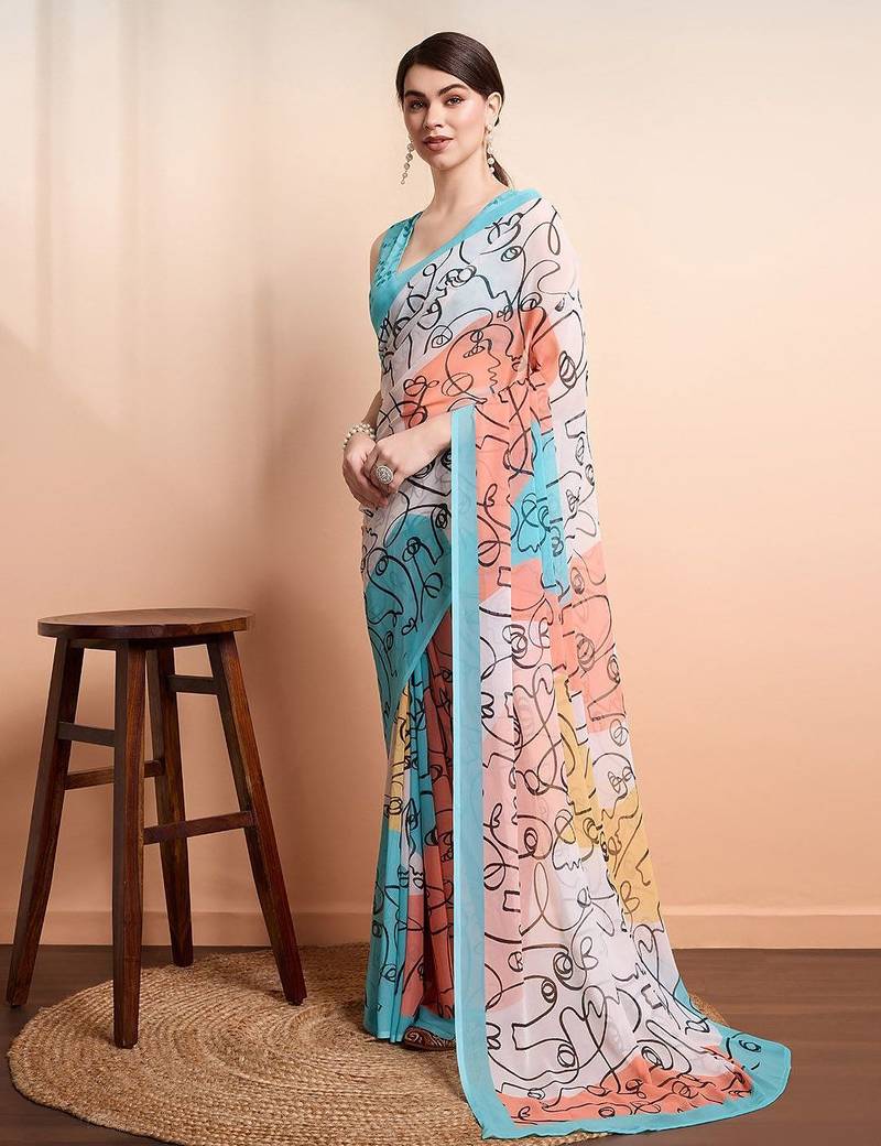White printed pure georgette casual saree with blouse piece