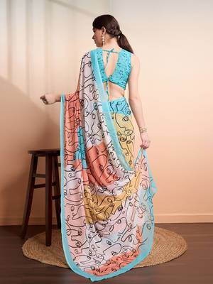 White printed pure georgette casual saree with blouse piece 2