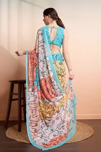 White printed pure georgette casual saree with blouse piece