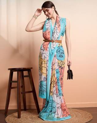 White printed pure georgette casual saree with blouse piece 3