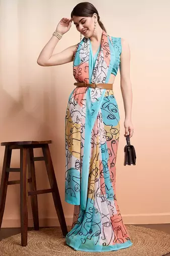 White printed pure georgette casual saree with blouse piece