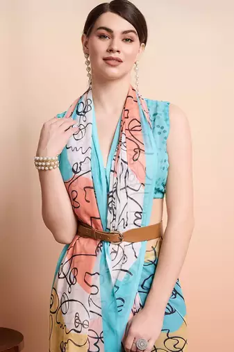 White printed pure georgette casual saree with blouse piece