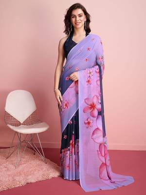 Purple elegant printed georgette saree with blouse piece 1