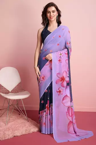 Purple elegant printed georgette saree with blouse piece