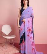 Purple elegant printed georgette saree with blouse piece