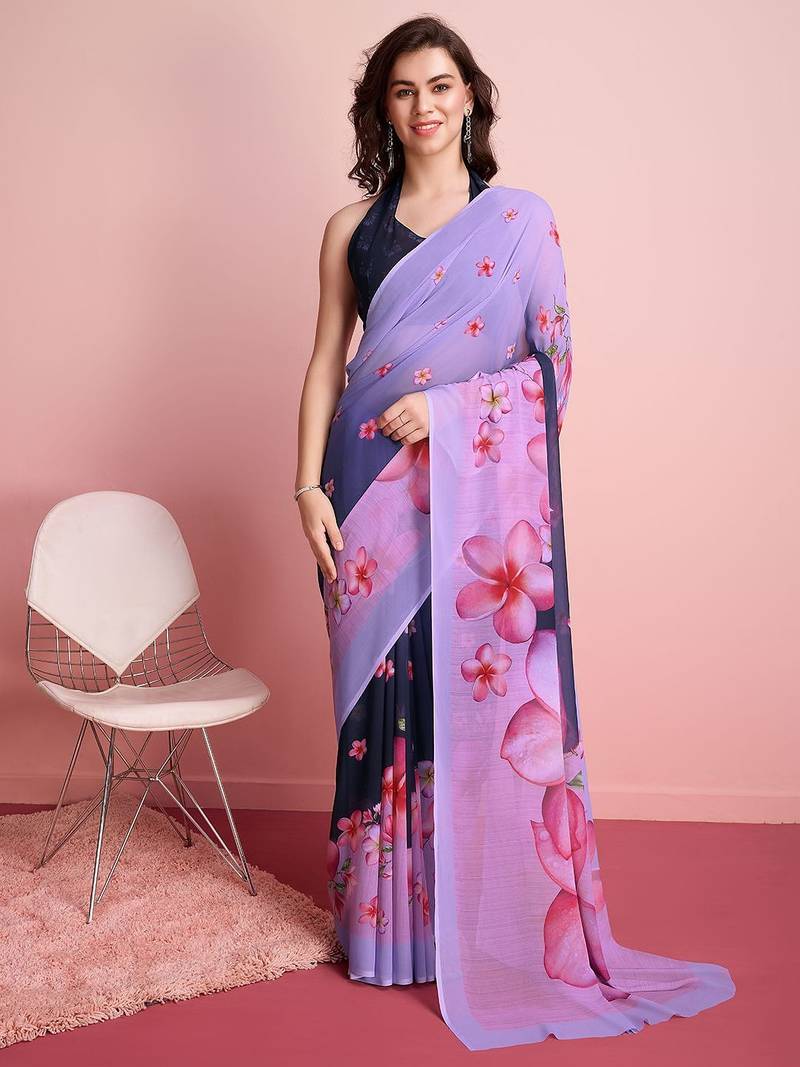Purple elegant printed georgette saree with blouse piece