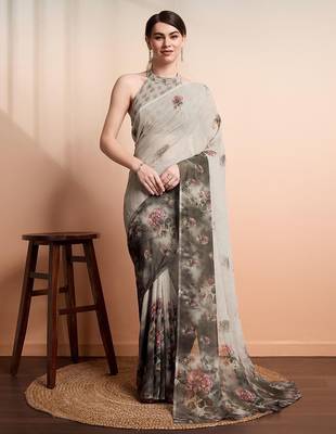 Silver printed pure georgette casual saree with blouse piece 1