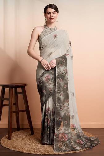 Silver printed pure georgette casual saree with blouse piece