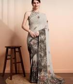 Silver printed pure georgette casual saree with blouse piece
