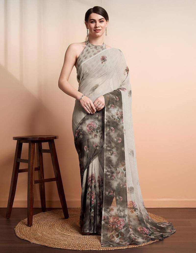 Silver printed pure georgette casual saree with blouse piece