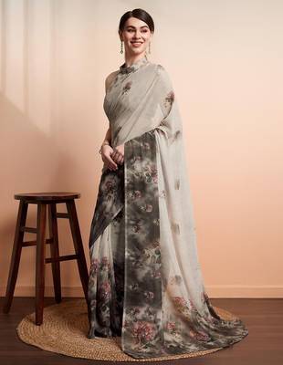 Silver printed pure georgette casual saree with blouse piece 2