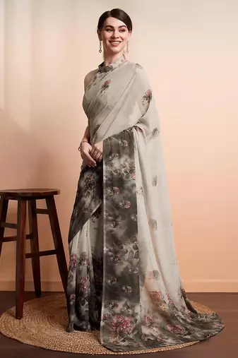 Silver printed pure georgette casual saree with blouse piece