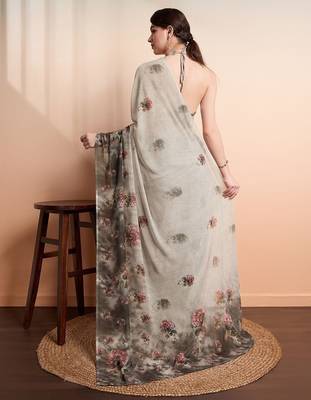 Silver printed pure georgette casual saree with blouse piece 3