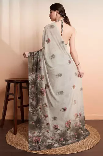 Silver printed pure georgette casual saree with blouse piece