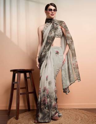 Silver printed pure georgette casual saree with blouse piece 4