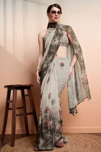 Silver printed pure georgette casual saree with blouse piece