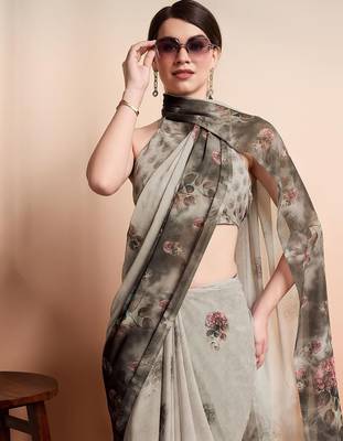 Silver printed pure georgette casual saree with blouse piece 5