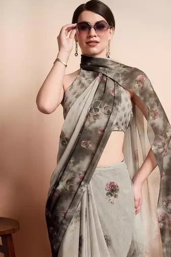 Silver printed pure georgette casual saree with blouse piece