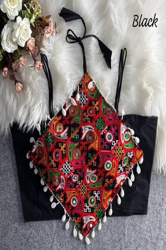 Women's black navratri blouse | kutchi embroidered noodles strap choli | hand mirror work cotton blouse