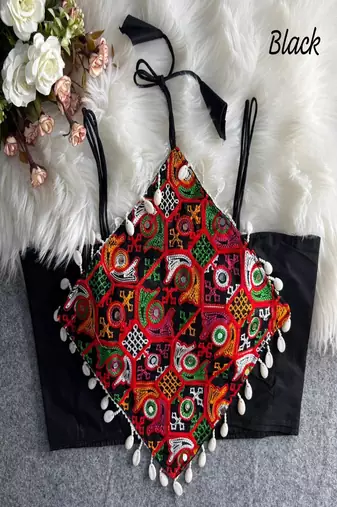 Women's black navratri blouse | kutchi embroidered noodles strap choli | hand mirror work cotton blouse