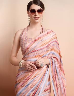 Peach elegant printed georgette saree with blouse piece 3