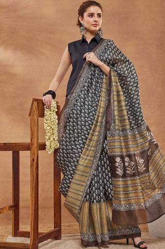 Black printed silk blend ethnic saree with blouse piece