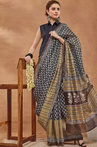 Black printed silk blend ethnic saree with blouse piece