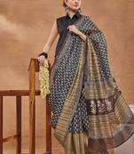 Black printed silk blend ethnic saree with blouse piece
