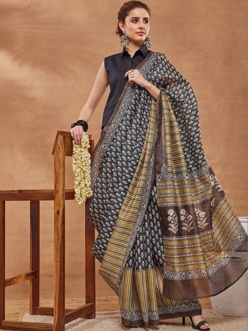Black printed silk blend ethnic saree with blouse piece
