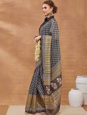 Black printed silk blend ethnic saree with blouse piece 2