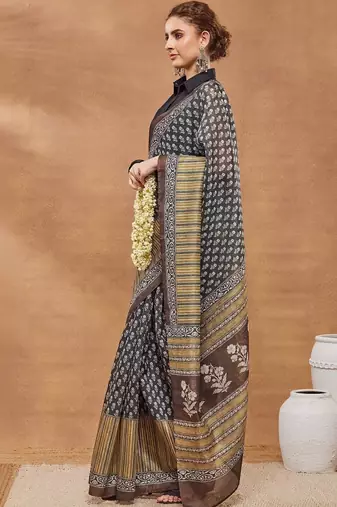 Black printed silk blend ethnic saree with blouse piece