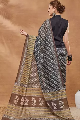 Black printed silk blend ethnic saree with blouse piece