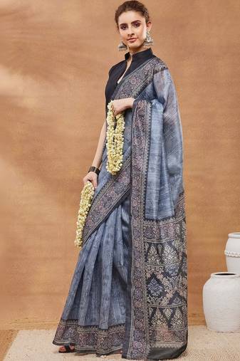 Blue printed silk blend ethnic saree with blouse piece