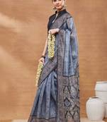 Blue printed silk blend ethnic saree with blouse piece