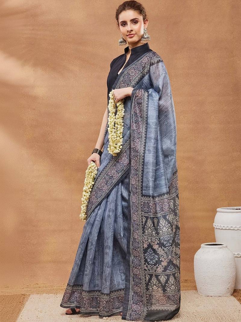 Blue printed silk blend ethnic saree with blouse piece