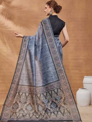Blue printed silk blend ethnic saree with blouse piece 2