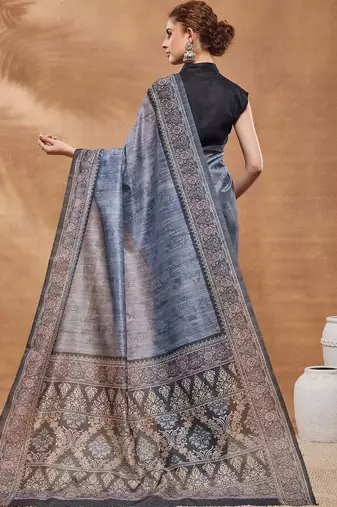 Blue printed silk blend ethnic saree with blouse piece