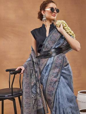 Blue printed silk blend ethnic saree with blouse piece 4