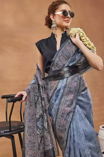 Blue printed silk blend ethnic saree with blouse piece