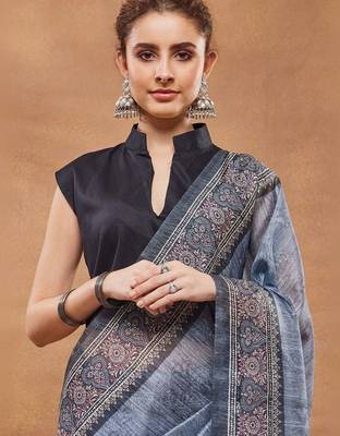 Blue printed silk blend ethnic saree with blouse piece 5