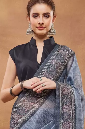 Blue printed silk blend ethnic saree with blouse piece