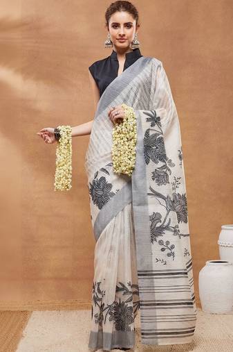Off white printed silk blend ethnic saree with blouse piece