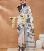 Off white printed silk blend ethnic saree with blouse piece