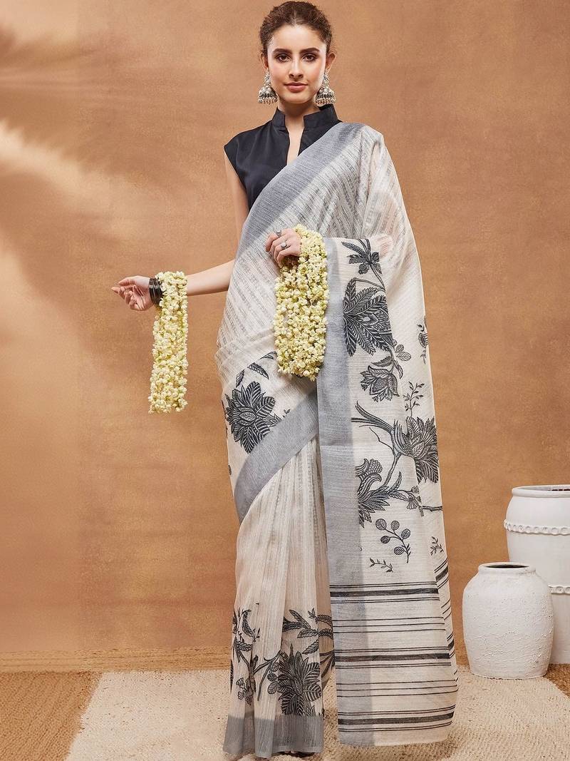Off white printed silk blend ethnic saree with blouse piece
