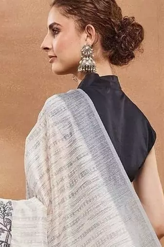 Off white printed silk blend ethnic saree with blouse piece