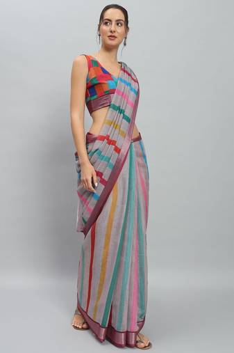 Grey printed linen casual saree with blouse piece
